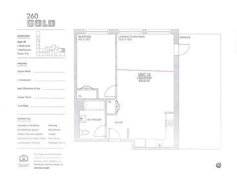 A floor plan for a 260 square foot unit with a living area, bedroom, bathroom, and lobby.